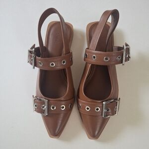 QUINCE Italian Leather Bold Buckle Slingback Flat - Cognac Brown - Size 7 - NWOT